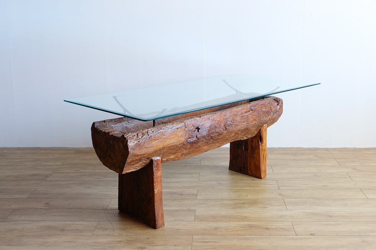 アジアン家具 古木ガラスダイニングテーブル(W180)