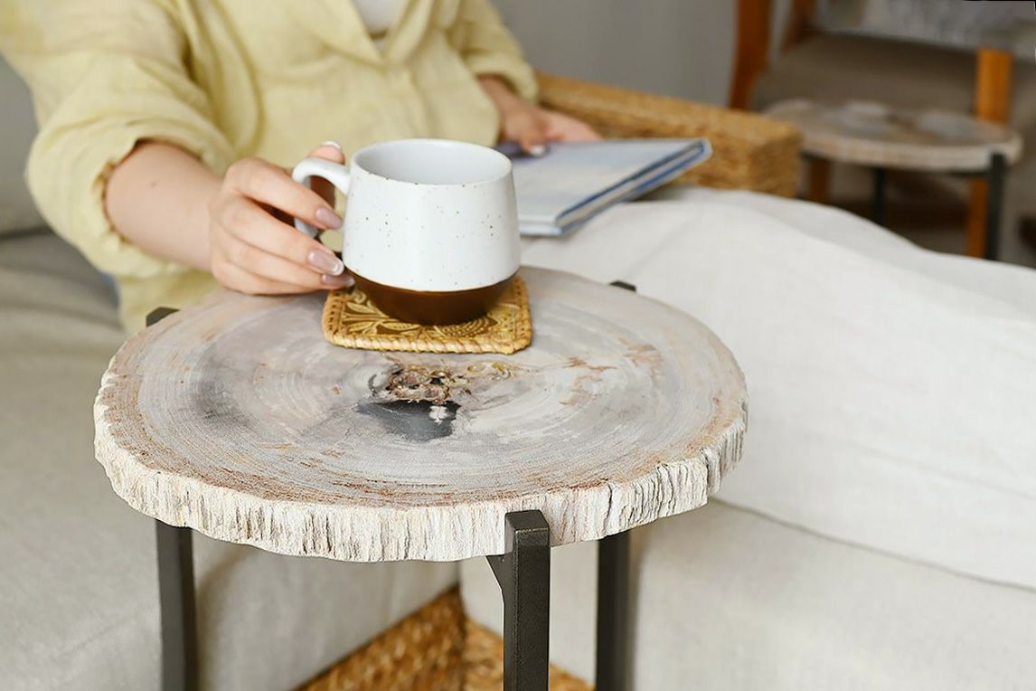 自然の美と現代的なデザインを組み合わせた 木化石 サイドテーブル(H45)